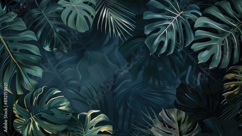 Dark background with artfully painted tropical leaves, offering a striking and elegant mural for home decor