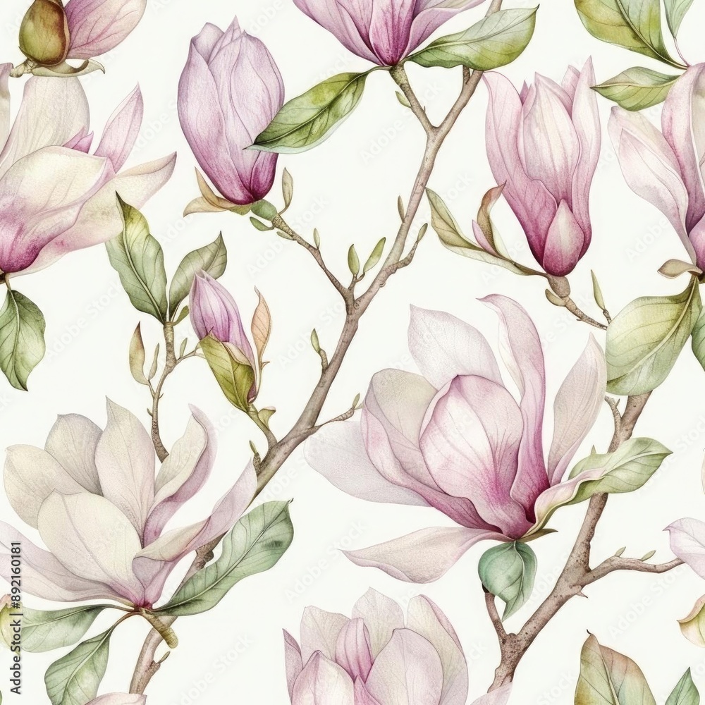 Fototapeta premium Watercolor hand-painted seamless pattern of blooming tulips, vibrant colors and lush green leaves, cheerful spring design