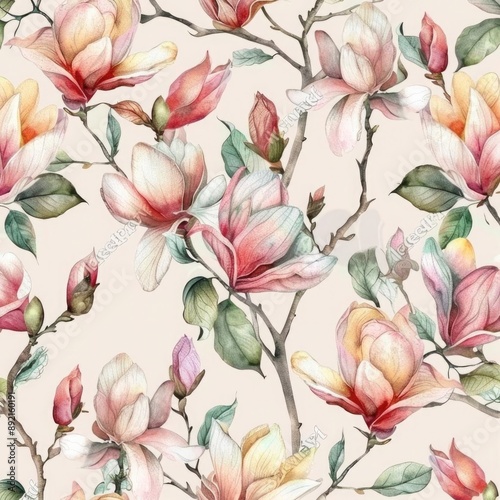 Watercolor hand-painted seamless pattern of blooming tulips, vibrant colors and lush green leaves, cheerful spring design