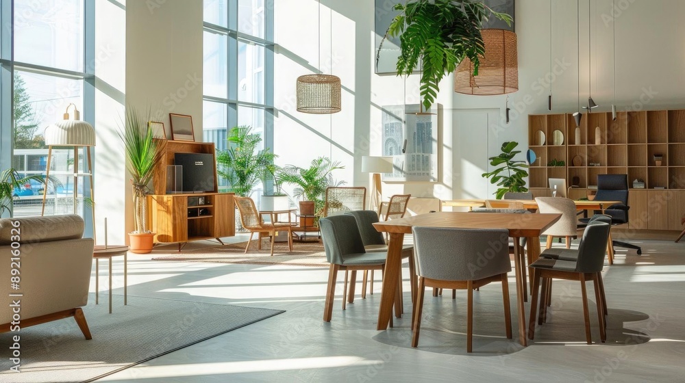 Obraz premium Stylish office with Scandinavian design, wooden furniture, minimalist decor, and lots of natural light