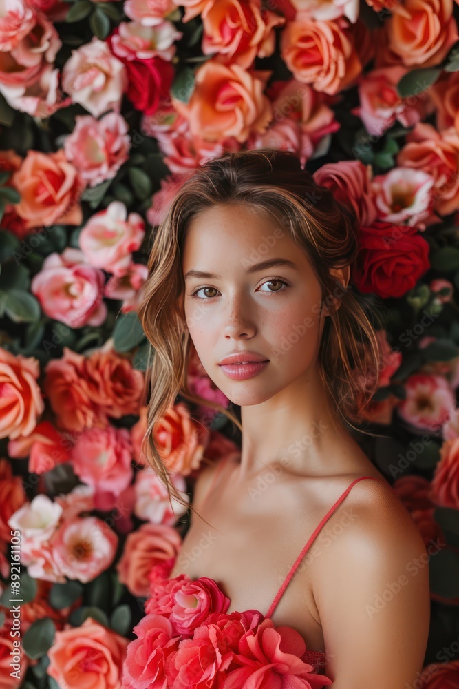 A beautiful girl, standing in front of the flower wall, full body A beautiful girl, standing in front of the flower wall, full body