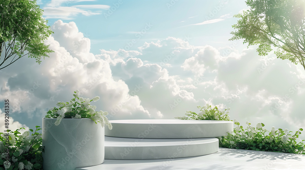 Design a nature-themed podium set against a heavenly sky background for product presentations. Capture the essence of premium aesthetics with a touch of celestial allure, creative commons attributio Design a nature-themed podium set against a heavenly sky background for product presentations. Capture the essence of premium aesthetics with a touch of celestial allure, creative commons attributio
