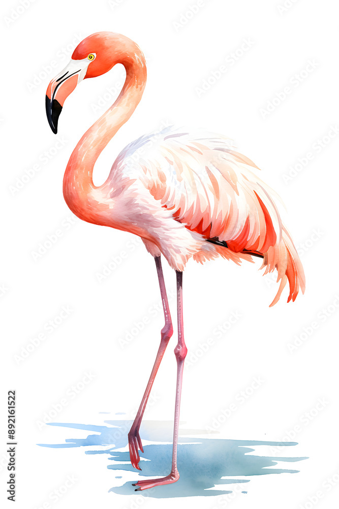 Fototapeta premium Pink flamingo standing in water, side view of bird, watercolor painting clipart isolated