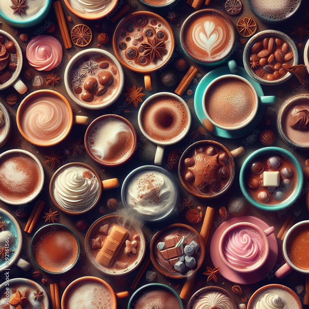 Close-up of hot chocolate glass and stack of cups with a metal seamless pattern design Close-up of hot chocolate glass and stack of cups with a metal seamless pattern design