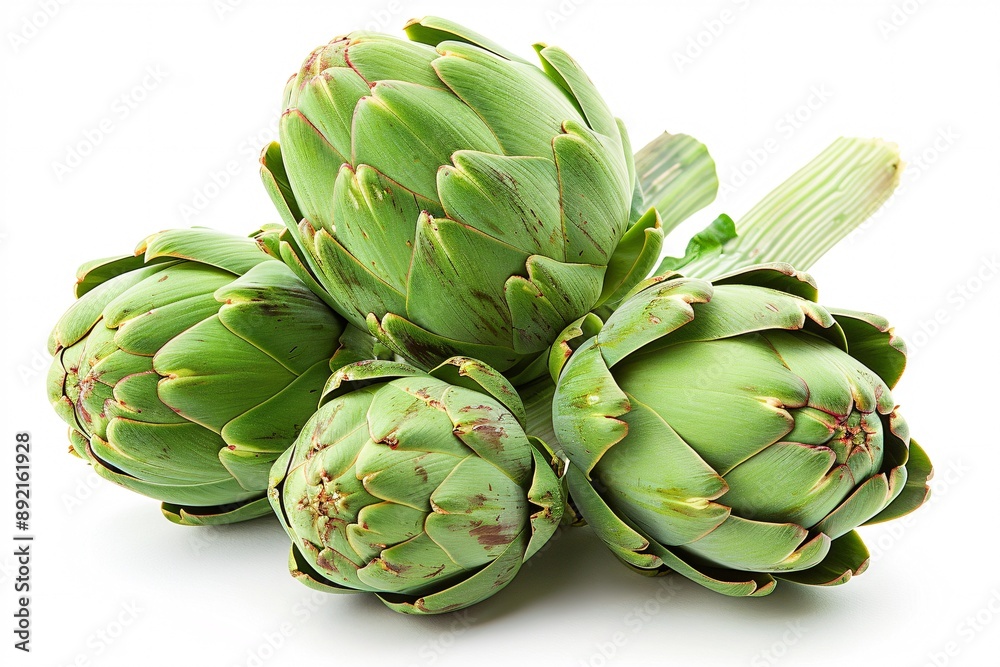 Obraz premium Detailed shot of a complete artichoke, also referred to as the French, green, or globe variety, on a plain backdrop.