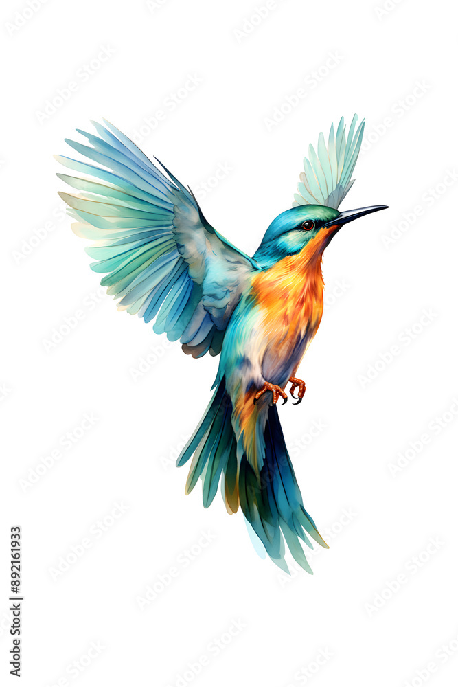 Obraz premium Beautiful kingfisher with beak flies with spread wings, watercolor painting clipart