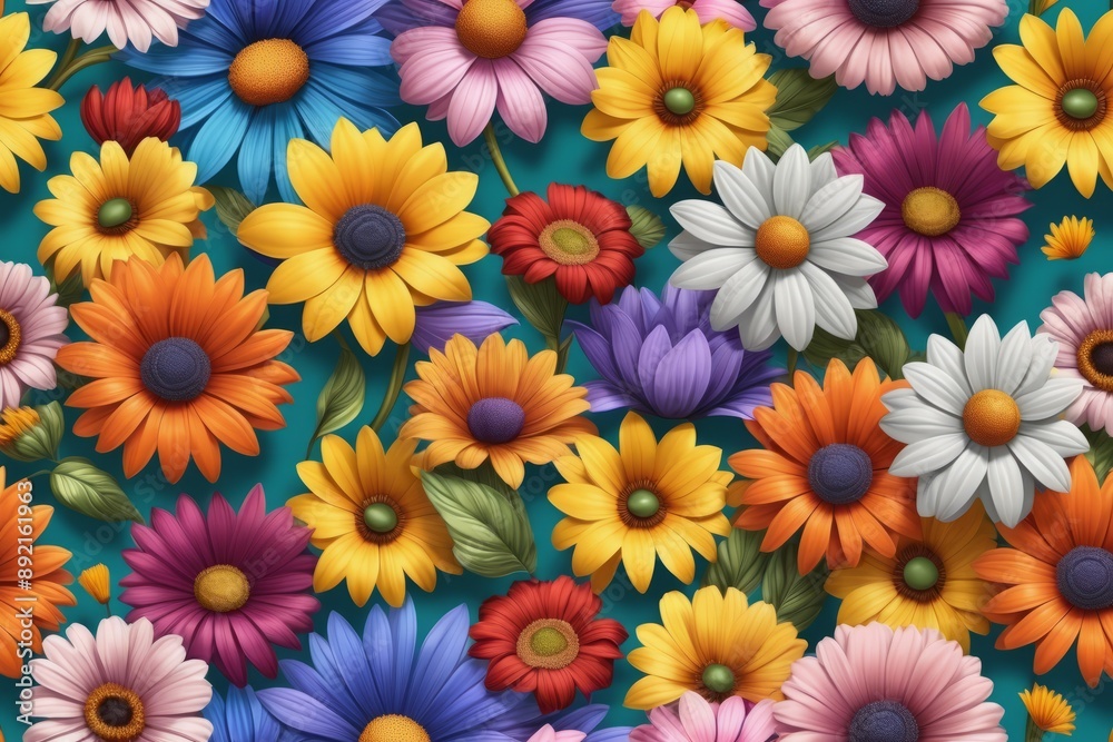 A vibrant floral seamless pattern with daisies and gerberas in pink yellow and purple perfect for spring and summer showcasing nature's beauty A vibrant floral seamless pattern with daisies and gerberas in pink yellow and purple perfect for spring and summer showcasing nature's beauty