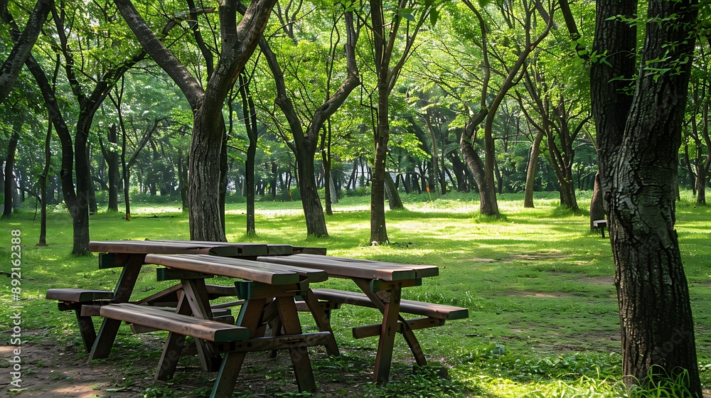 picnic site wooden table and benches outdoor in green forest park picnic site wooden table and benches outdoor in green forest park
