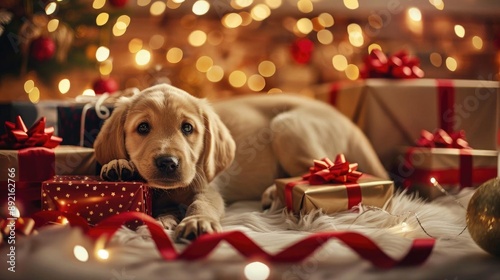 Puppy in a festive scene with Christmas gift boxes, lights, and red ribbons