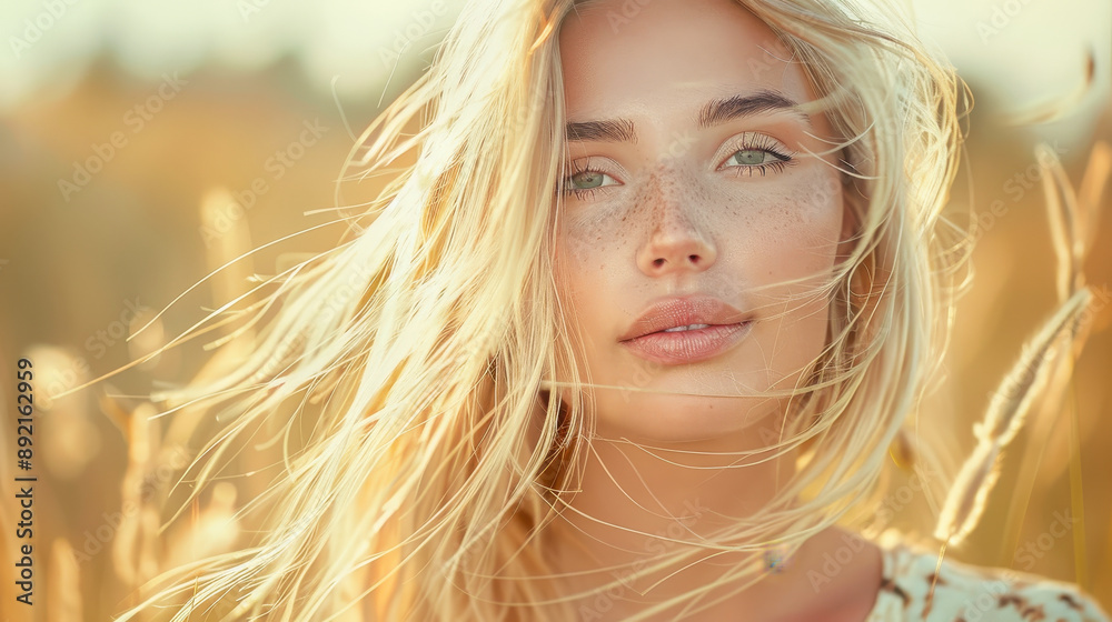 Serene Close-Up Portrait of Beautiful Young Woman with Fluttering Blonde Hair Enjoying Nature in Sunlit Field, Capturing Natural Beauty, Freedom, and Tranquility Serene Close-Up Portrait of Beautiful Young Woman with Fluttering Blonde Hair Enjoying Nature in Sunlit Field, Capturing Natural Beauty, Freedom, and Tranquility
