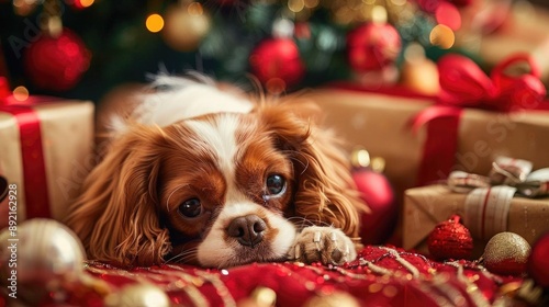 Puppy nestled among Christmas decorations and gift boxes, looking playful