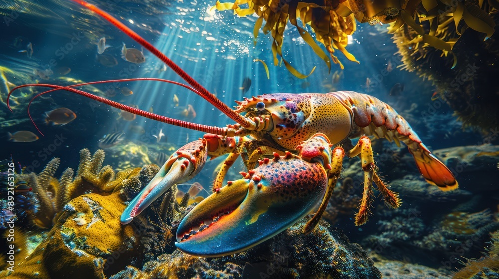 A huge lobster with bright colors, claws spread out, and the background is an underwate