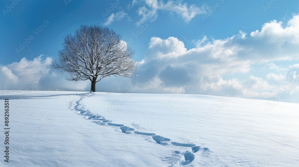 Solitary tree in snowy landscape with footprints Solitary tree in snowy landscape with footprints
