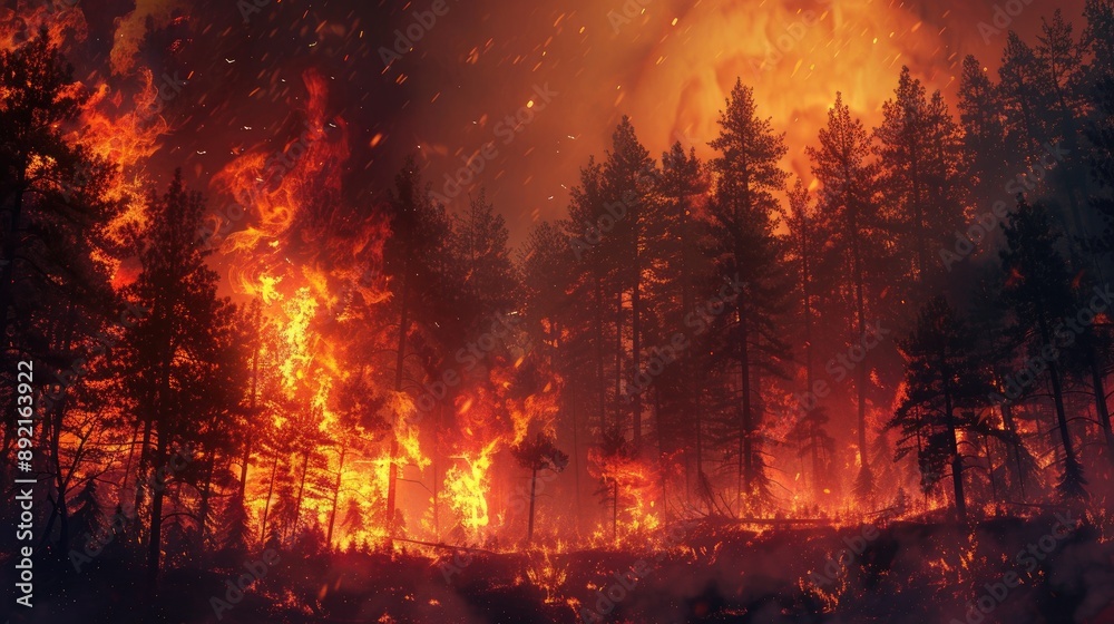 Dramatic scene of a forest fire in progress, highlighting the devastation and danger posed by wildfires Dramatic scene of a forest fire in progress, highlighting the devastation and danger posed by wildfires