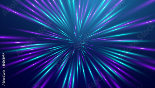 Warp drive high speed. Neon light warp tunnel speed of light background.