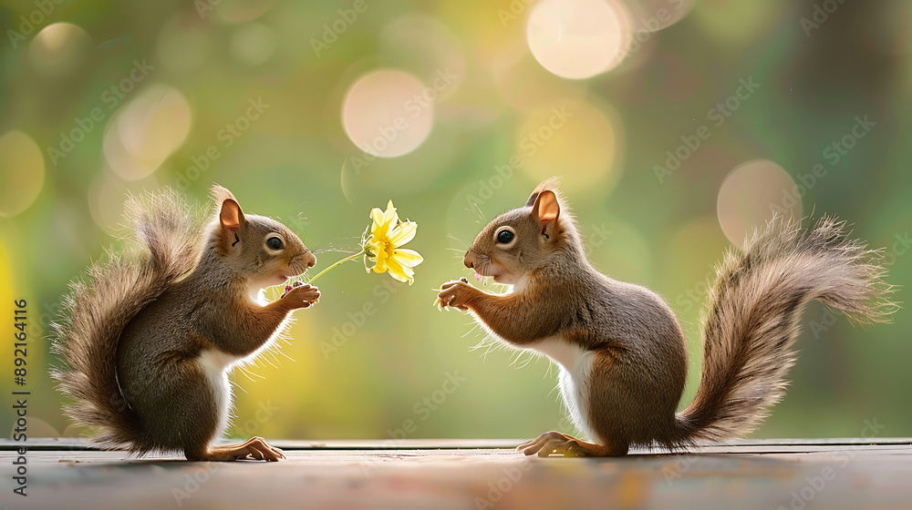 two squirrels facing each other on a wooden surface. One squirrel is holding a yellow flower towards the other two squirrels facing each other on a wooden surface. One squirrel is holding a yellow flower towards the other