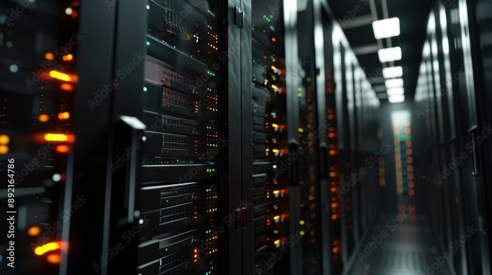Server Room Interior with Illuminated Racks