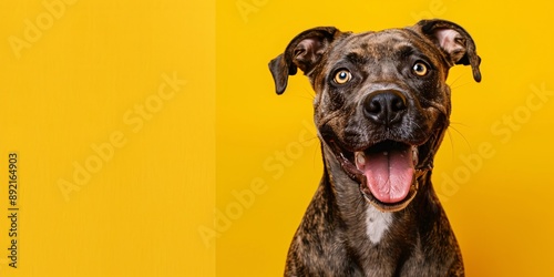 Joyful canine with cheerful look on Yellow backdrop.