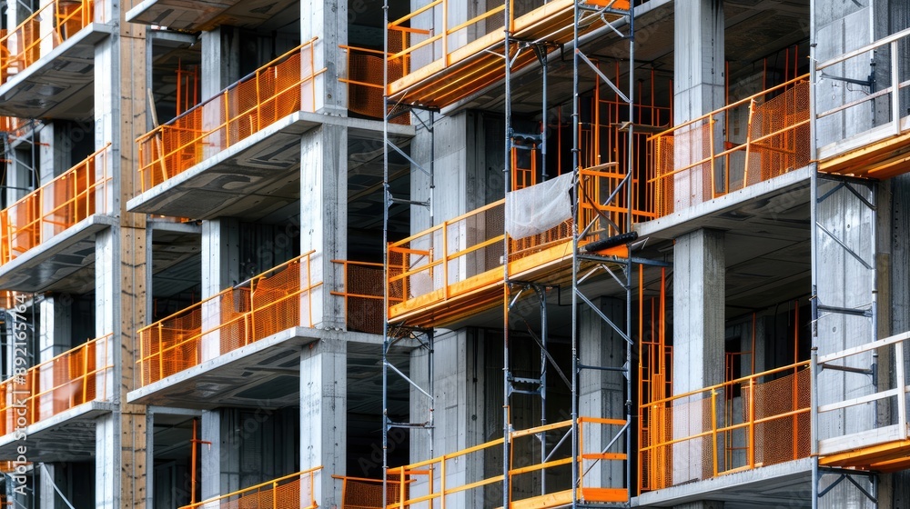 Fototapeta premium Construction site featuring concrete structures and safety railings in an urban environment.