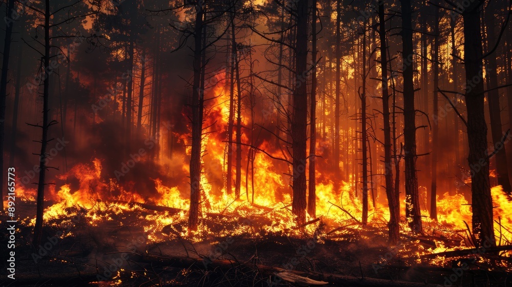 Fierce forest fire in progress, engulfing trees and spreading rapidly, emphasizing the need for swift action Fierce forest fire in progress, engulfing trees and spreading rapidly, emphasizing the need for swift action