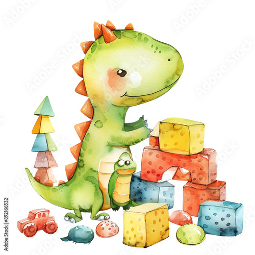 Cute watercolor illustration of a green dinosaur playing with colorful building blocks and toys, perfect for children's designs. photo