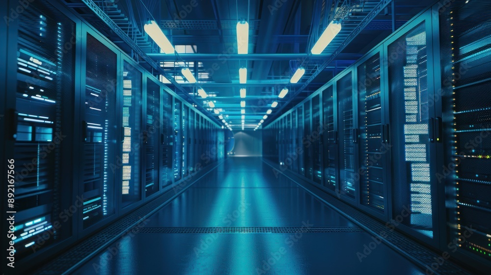 Fototapeta premium Server Room Corridor with Blue Lighting