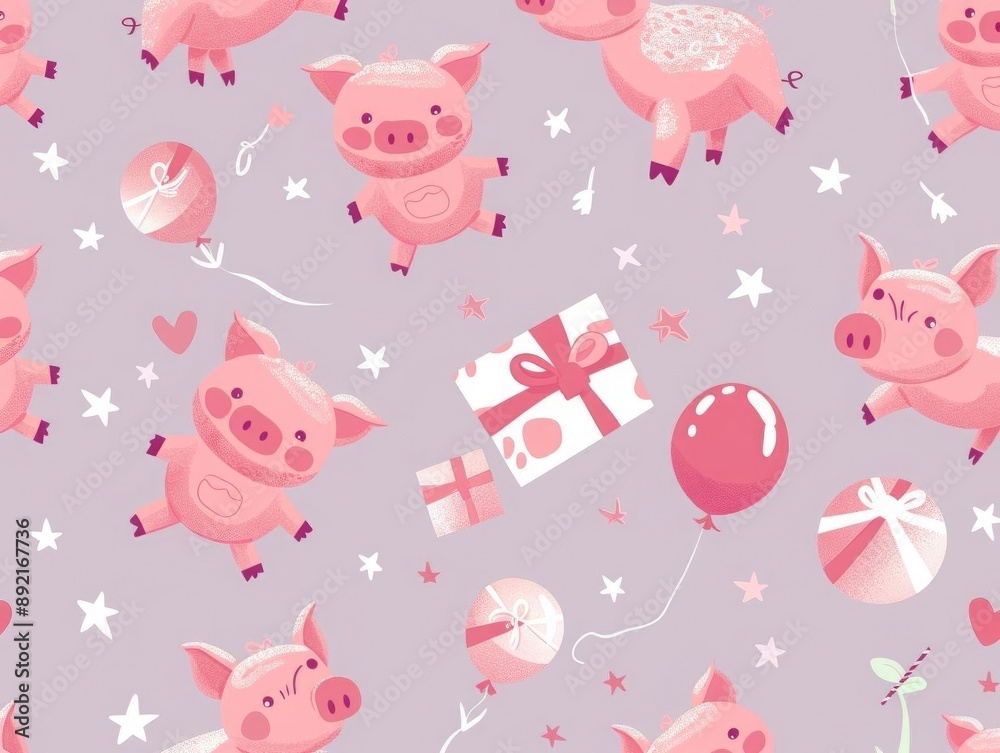 Cute and playful pink pig pattern with seamless design, featuring pigs holding balloons and gifts, set against a light purple background Cute and playful pink pig pattern with seamless design, featuring pigs holding balloons and gifts, set against a light purple background