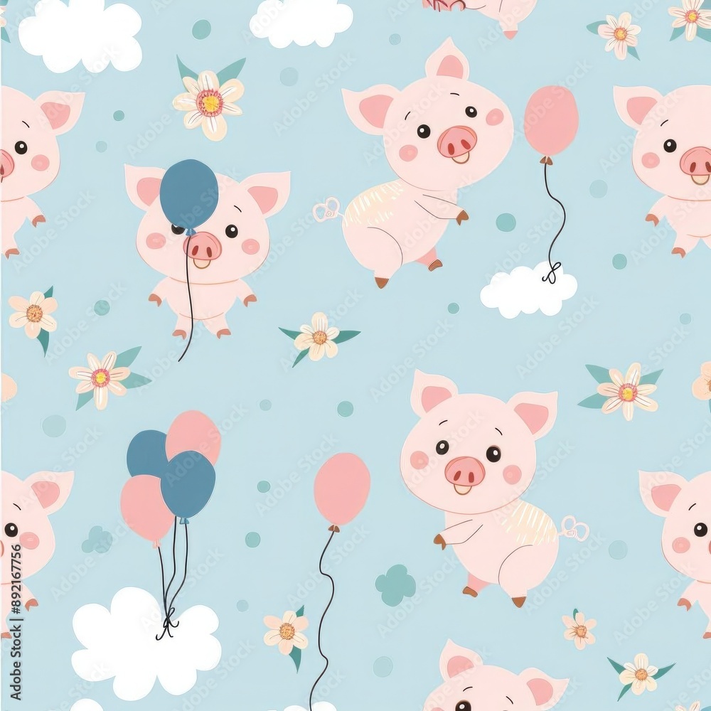 Cute and fun pink pig pattern, with seamless design featuring pigs with balloons and flowers, on a light sky blue background
