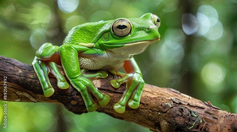 Green white-lipped tree frog on a branch, showcasing its distinctive appearance and natural habitat Green white-lipped tree frog on a branch, showcasing its distinctive appearance and natural habitat