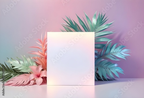 A blank white square canvas is centered in the image, surrounded by tropical leaves in shades of pink and teal.  photo