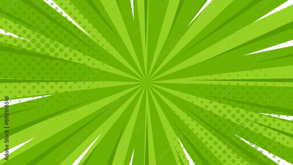 Fototapeta premium Green pop art comic sunburst effect background with halftone. Cartoon abstract vector background. Suitable for templates, sales banners, events, ads, web, and pages
