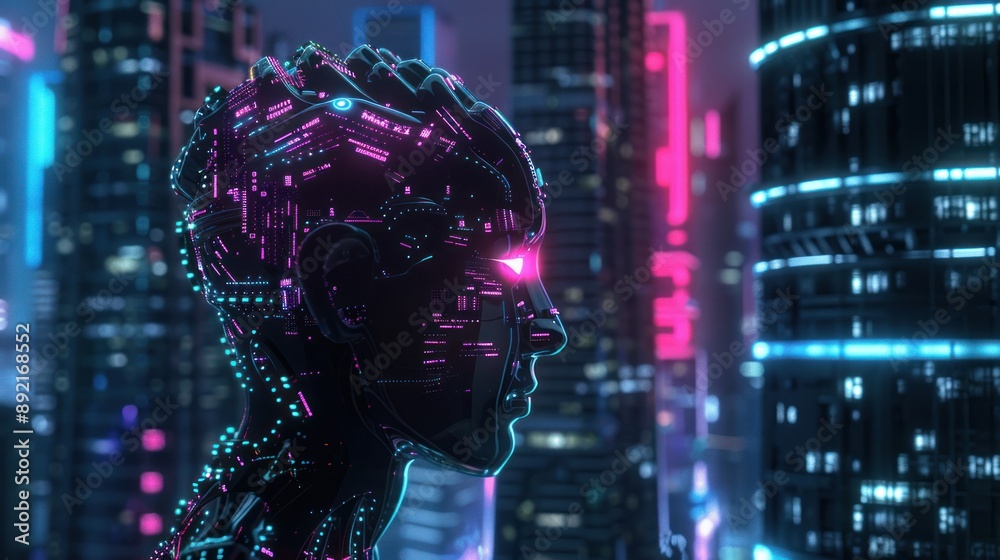 Cyberpunk Cityscape with a Glowing AI Head Cyberpunk Cityscape with a Glowing AI Head