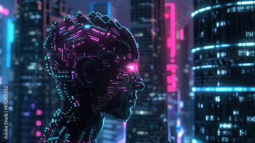 Cyberpunk Cityscape with a Glowing AI Head