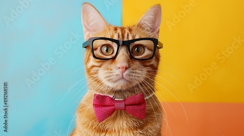 Red haired big funny cat in a bow tie and glasses isolated on colorful background © Emma