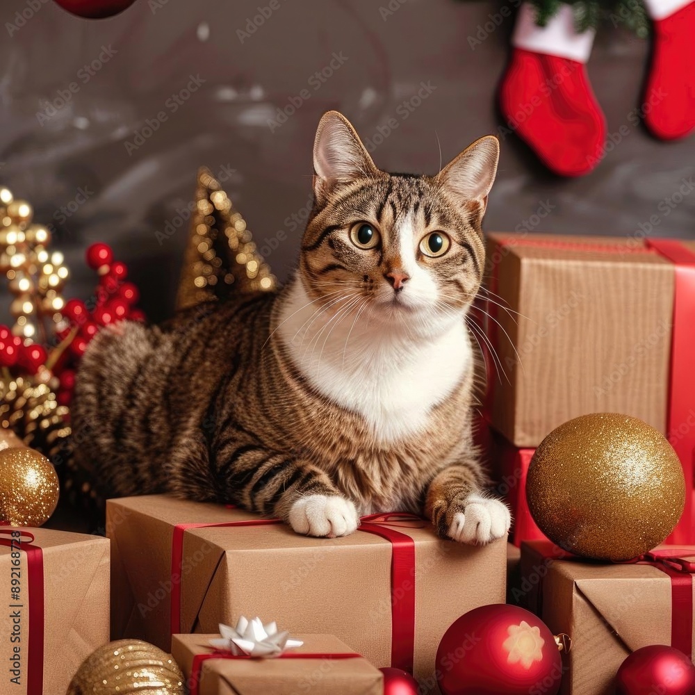 Cat sitting on a pile of Christmas gift boxes, decorated with lights and festive ribbons Cat sitting on a pile of Christmas gift boxes, decorated with lights and festive ribbons