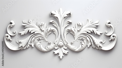 3D illustration of white decorative relief beautiful detailed ornament with acanthus leaves decoration in baroque style isolated on white background