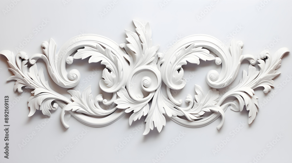 3D illustration of white decorative relief beautiful detailed ornament with acanthus leaves decoration in baroque style isolated on white background