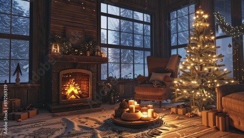 Cozy Cabin Christmas Interior with Lit Fireplace, Decorated Tree, Candles, and Snowy Window View photo