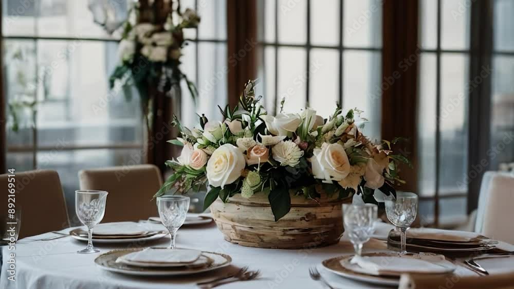 Rustic Wooden Bowl Filled with Cream and White Flowers as a Table Centerpiece