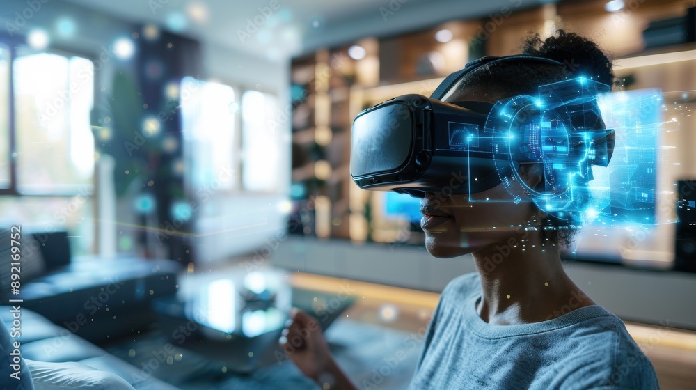 Person using a virtual reality headset in a modern living room, immersed in a digital world, bright and futuristic, perfect for technology and entertainment themes, copy space. Person using a virtual reality headset in a modern living room, immersed in a digital world, bright and futuristic, perfect for technology and entertainment themes, copy space.