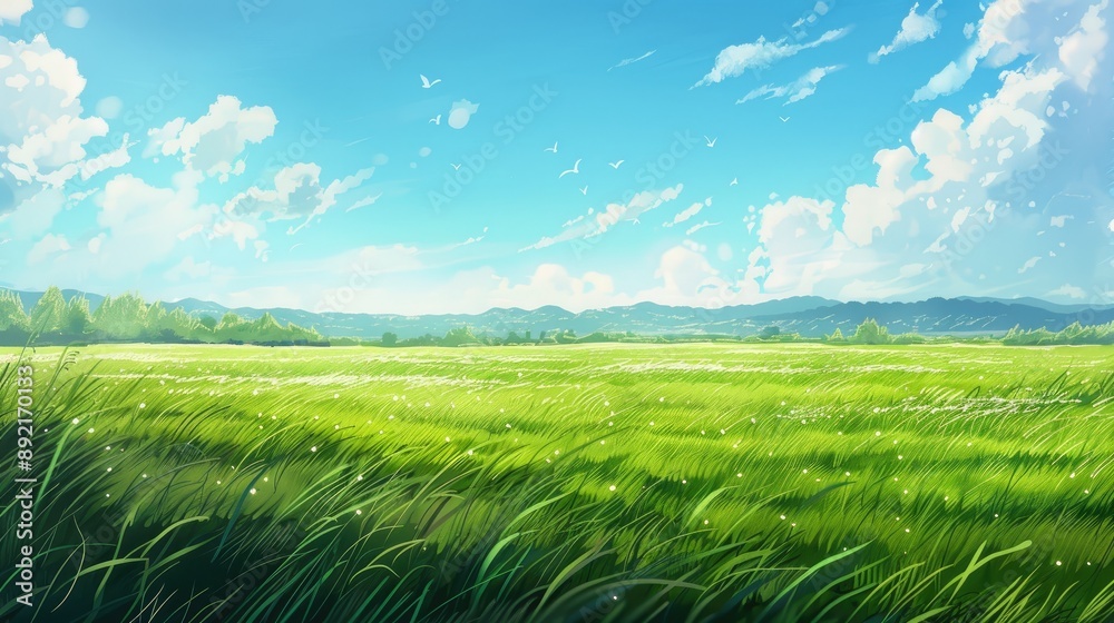 Fototapeta premium Lush green fields with a clear blue sky, offering a serene and idyllic landscape for wallpaper