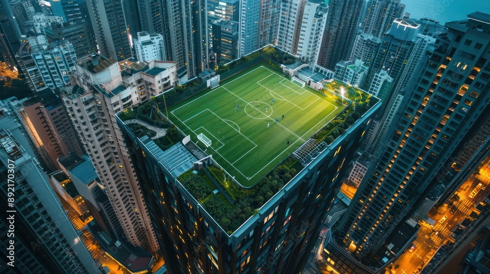 Fototapeta premium Football field on the rooftop of a building in city