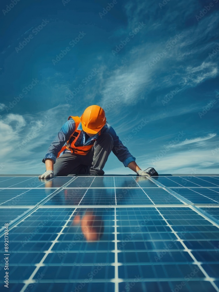 Solar power engineer installing solar panels, on the roof, electrical technician at work, alternative renewable green energy generation concept Solar power engineer installing solar panels, on the roof, electrical technician at work, alternative renewable green energy generation concept