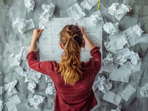 An anxious individual looking at a failed project on a whiteboard, surrounded by crumpled papers