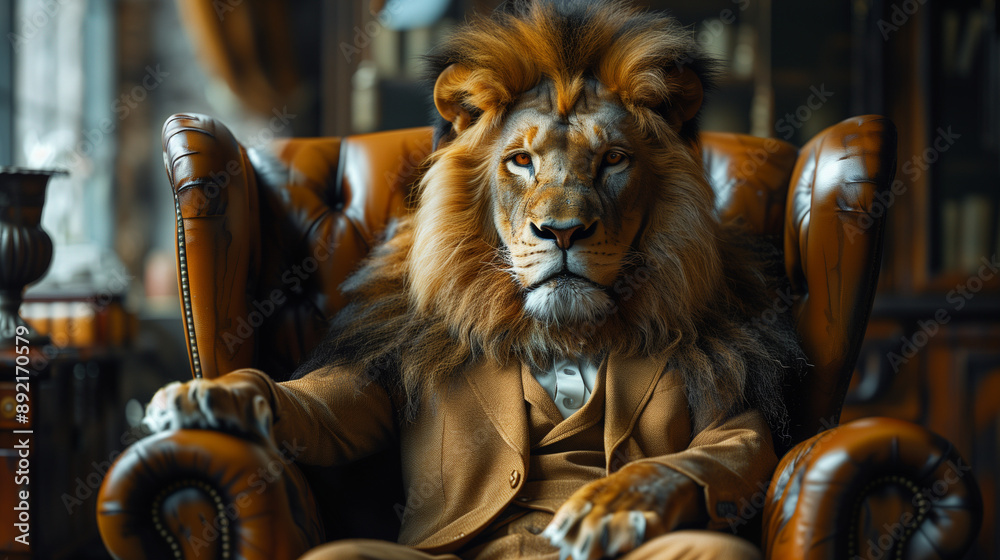 Dans un jardin zoologique, un majestueux lion au crin imposant et au visage royal se tient dans la jungle, incarnant le prédateur puissant et dangereux de la faune sauvage.
