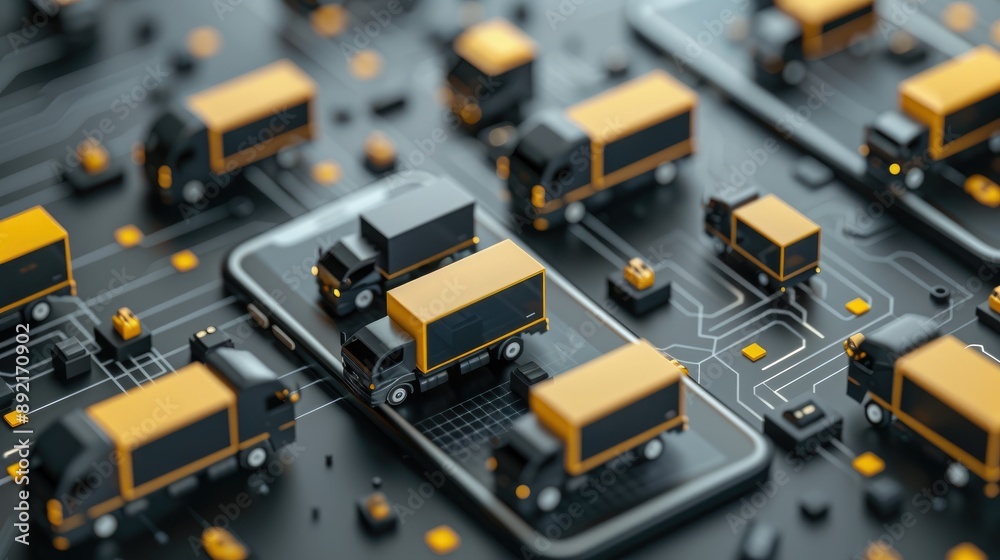 Mobile website background featuring a 3D illustration of black and yellow delivery vehicles on a phone, symbolizing efficient global logistics