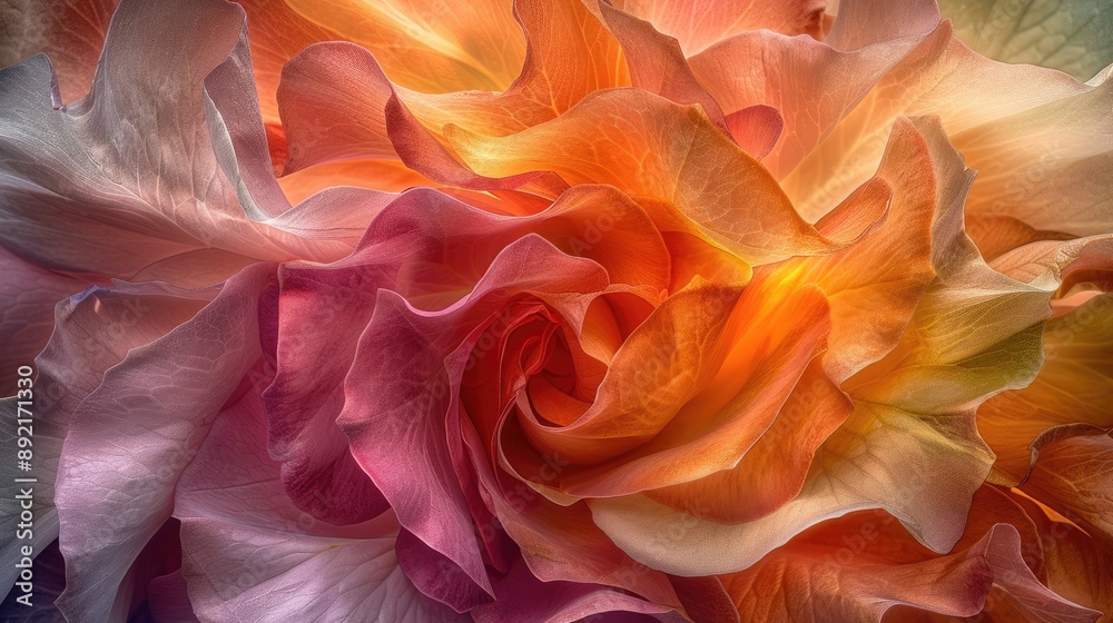Obraz premium A close-up view of vibrant, swirling rose petals in shades of pink, orange, and cream.
