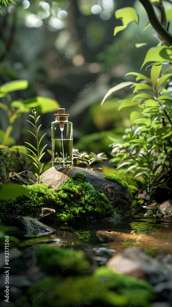 vertical mock up spray bottle of perfume toilet water on a rock green background with forest stream plants, water flowing around moss and stones