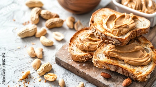 Peanut butter toasts on a light table, perfect for a vegetarian breakfast theme with copy space