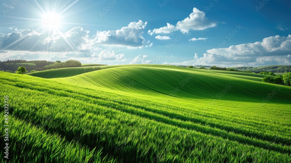 Obraz premium Rolling green fields with a bright blue sky, providing a peaceful and beautiful backdrop for wallpaper